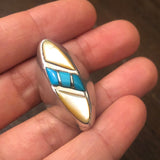 Vintage Native American Sterling Silver Turquoise Mother of Pearl Inlay Ring, Size 7