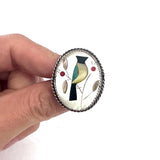 Sz 6  Vintage Zuni Sterling Silver Multi Stone Bird Inlay Ring (R056)