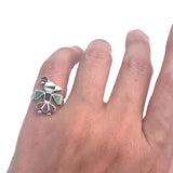 VTG Zuni Sterling Silver Thunderbird Turquoise Multi Stone Inlaid Ring Sz 5