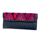 Guatemalan Leather Trifold Wallet, Embroidered Mayan Design Wallet With Check Book Slit