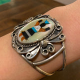 Vintage Sterling Silver Kachina Dancer Cuff Bracelet, Mother of Pearl Inlay