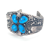 Vintage Native American Turquoise Ornate Sterling Silver Squash Blossom Cuff Bracelet B022