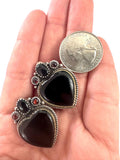 Vintage Sterling Silver Onyx & Garnet Heart Clip-on  Earrings