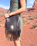 Handmade Fringed Leather Crossbody Bag with Jade