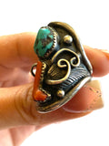 Size 8.5 Old Pawn Navajo 2 Stone Natural  Coral & Turquoise Sterling Men's Ring A031