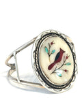 Vintage Cardinal Inlay Native American Sterling Silver Mother of Pearl Cuff Bracelet, 32 Grams