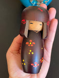 Vintage Japanese Wooden Kokeshi Doll, Hand-Painted Floral Kimono