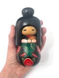 6'' Vintage Kokeshi Doll / Japanese Art/ Japanese Crafts , Black Kimono with Flowers