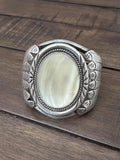 Vintage Sterling Silver & Mother of Pearl Solid Cuff Bracelet, 57 Grams, Navajo Bracelet