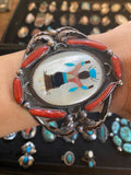 Vintage Kachina Sterling Silver Cuff Bracelet, Multi Stone Inlay, Signed Ivan V