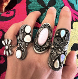Vintage Sterling Silver Feather & Mother Of Pearl Ring, Elongated Design, Size 7 (A046)