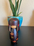 Vintage Japanese Wooden Kokeshi Doll, Hand-Painted Floral Kimono