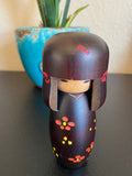 Vintage Japanese Wooden Kokeshi Doll, Hand-Painted Floral Kimono