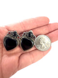 Vintage Sterling Silver Onyx & Garnet Heart Clip-on  Earrings