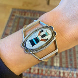Vintage Sterling Silver Kachina Dancer Cuff, Mother of Pearl Inlay