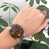 Vintage Sterling Silver Baltic Amber Leaves Design Cuff Bracelet