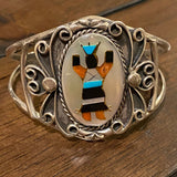 Vintage Sterling Silver Kachina Dancer Cuff Bracelet, Mother of Pearl Inlay