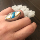 Vintage Native American Sterling Silver Turquoise Mother of Pearl Inlay Ring, Size 7