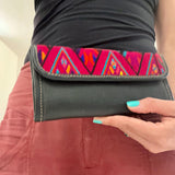Guatemalan Leather Trifold Wallet, Embroidered Mayan Design Wallet With Check Book Slit