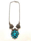 Vintage Huge Navajo Sterling Silver Turquoise Squash Blossom Necklace (N002)
