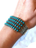 Vtg Zuni Sterling Silver 4 Rows Turquoise Snake Eye Petit Point Cuff Bracelet