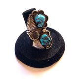 Vintage Navajo Kingman Turquoise Sterling Silver Leaf Ring, Size 7