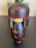 Vintage Japanese Wooden Kokeshi Doll, Hand-Painted Floral Kimono