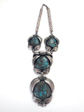 Vintage Native American Sterling Silver & Bisbee Turquoise Detailed Squash Blossom Choker Necklace