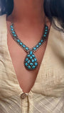 Vintage Navajo Turquoise Cluster Sterling Silver Necklace, Turquoise Teardrop Center Necklace, 71 Grams (N036)