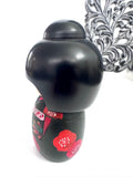 Vintage Kokeshi Wooden Doll, Green Kimono with Red Flowers