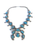 Large Vintage Navajo Turquoise Sterling Silver Squash Blossom Necklace and Matching Earrings, 295 Grams