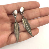 Vintage Southwest Sterling Silver & Mother of Pearl Earrings, Feather Design (E009)