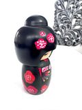 Vintage Kokeshi Wooden Doll, Green Kimono with Red Flowers