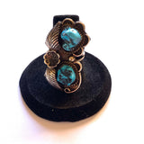 Vintage Navajo Kingman Turquoise Sterling Silver Leaf Ring, Size 7