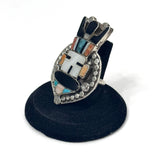 Huge Southwest Vintage Sterling Silver Multi Stone Inlay Kachina Ring, (R017)