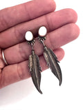Vintage Southwest Sterling Silver & Mother of Pearl Earrings, Feather Design (E009)