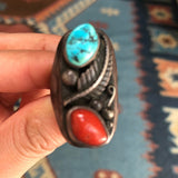 Size 10.25 Old Pawn Navajo 2 Stone Natural Coral & Turquoise Sterling Men's Ring #A007