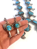 Large Vintage Navajo Turquoise Sterling Silver Squash Blossom Necklace and Matching Earrings, 295 Grams