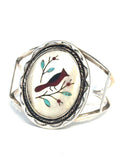 Vintage Cardinal Inlay Native American Sterling Silver Mother of Pearl Cuff Bracelet, 32 Grams