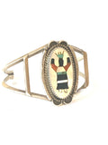 Vintage Sterling Silver Kachina Dancer Cuff, Mother of Pearl Inlay