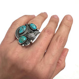 Vintage Navajo  Sterling Silver Turquoise Statement Ring, Signed MS, Size 6 (R150)