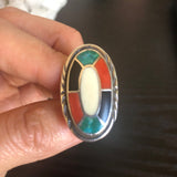 Size 6.5 Vintage Zuni Multi Stone Inlay Sterling Silver Ring #A045