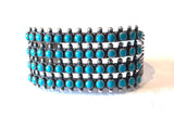 Vtg Zuni Sterling Silver 4 Rows Turquoise Snake Eye Petit Point Cuff Bracelet