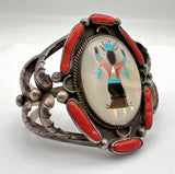 Vintage Kachina Sterling Silver Cuff Bracelet, Multi Stone Inlay, Signed Ivan V