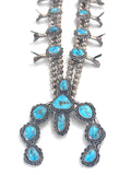 Vintage Navajo Sterling Silver & Morenci Turquoise Squash Blossom Necklace, 205 Grams (N041)