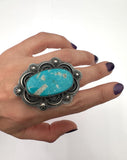 Sz 7.25  Huge Sterling Silver & Turquoise Ring By Navajo Artist Chimney Butte, 31 Grams