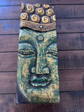 Green Buddha Wood Wall Art, Hand Carved Zen Decor