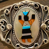 Vintage Sterling Silver Kachina Dancer Cuff Bracelet, Mother of Pearl Inlay