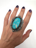 Sz 7.25  Huge Sterling Silver & Turquoise Ring By Navajo Artist Chimney Butte, 31 Grams
