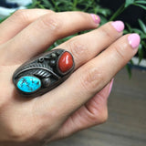 Size 10.25 Old Pawn Navajo 2 Stone Natural Coral & Turquoise Sterling Men's Ring #A007